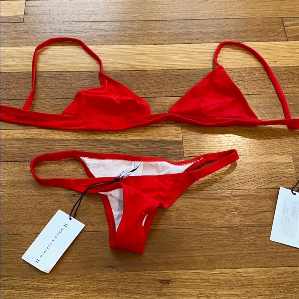 Red solid and striped bikini bottom+top